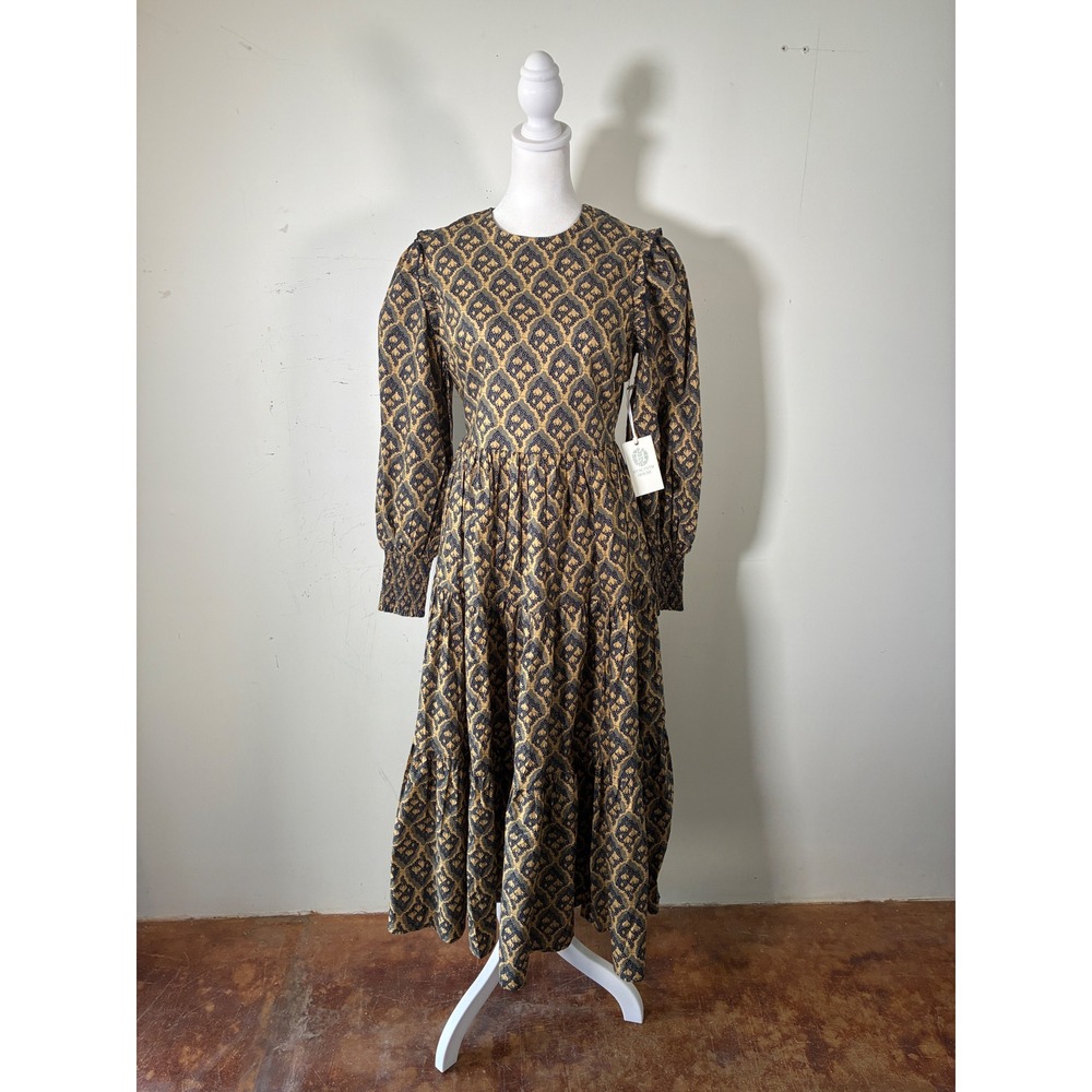 Hyacinth House Navy Gold Floral Damask Tiered Midi Dress Smocked Cuff Small NWT